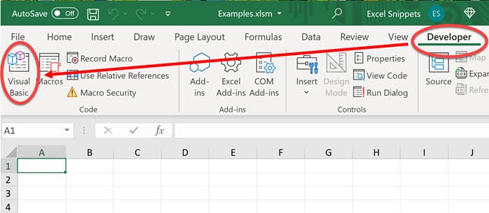 How to bring up VBA in Excel Visual Basic icon is on the far left-hand side of the ribbon.