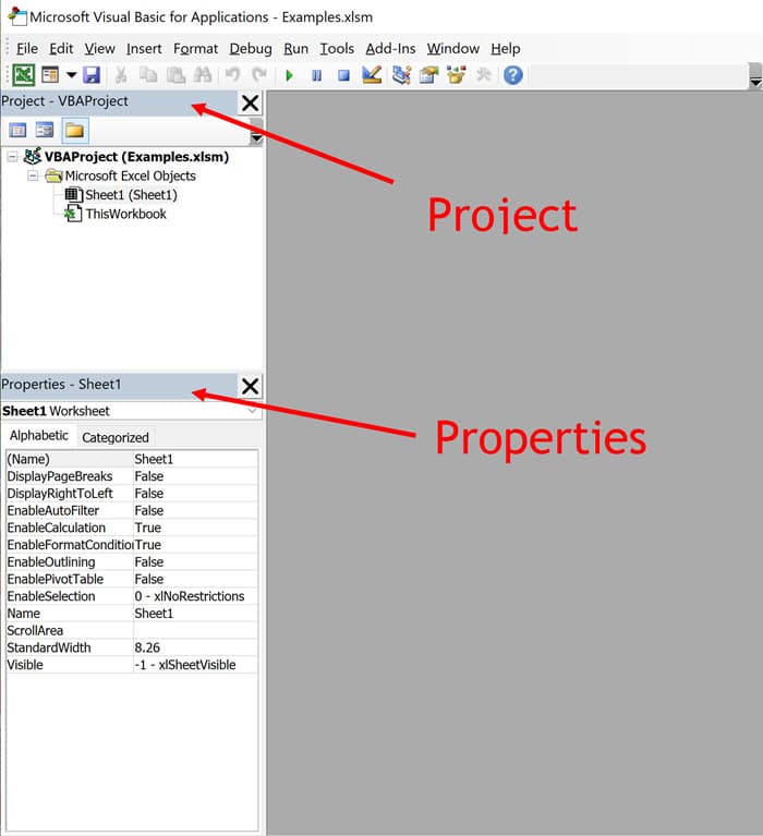Basic layout of a VBA Project VBA Project includes a Properties Window and a Project Explorer Window.