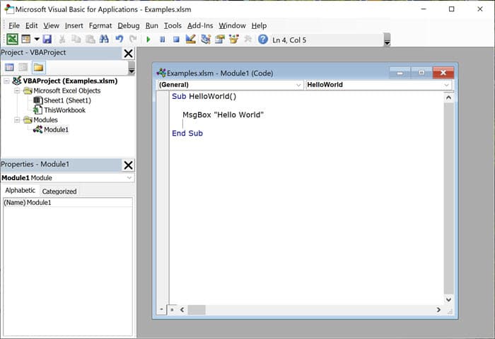 Example VBA code Create HelloWorld subroutine.
