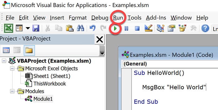 Use either the Run button or the arrow to execute VBA code Two ways to run VBA code inside the VBA environment
